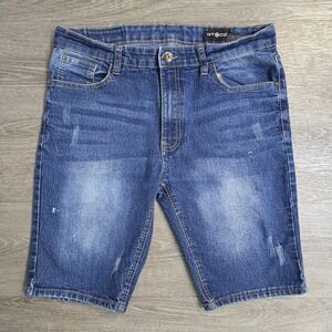 Y2K WT 02 Blue Jeans Shorts Distressed‎ Stretch Denim Medium Wash Mens 34x10"